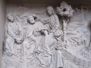 Jesus wakes sleeping disciples, sandstone, Germany 14thC