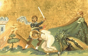 Martyrdom of St Tryphon, Menologion of Basil II, 11thC